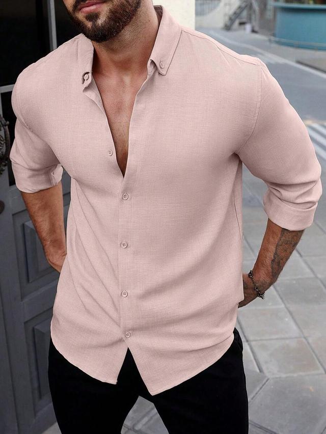 men's solid pink linen blend button-down shirt