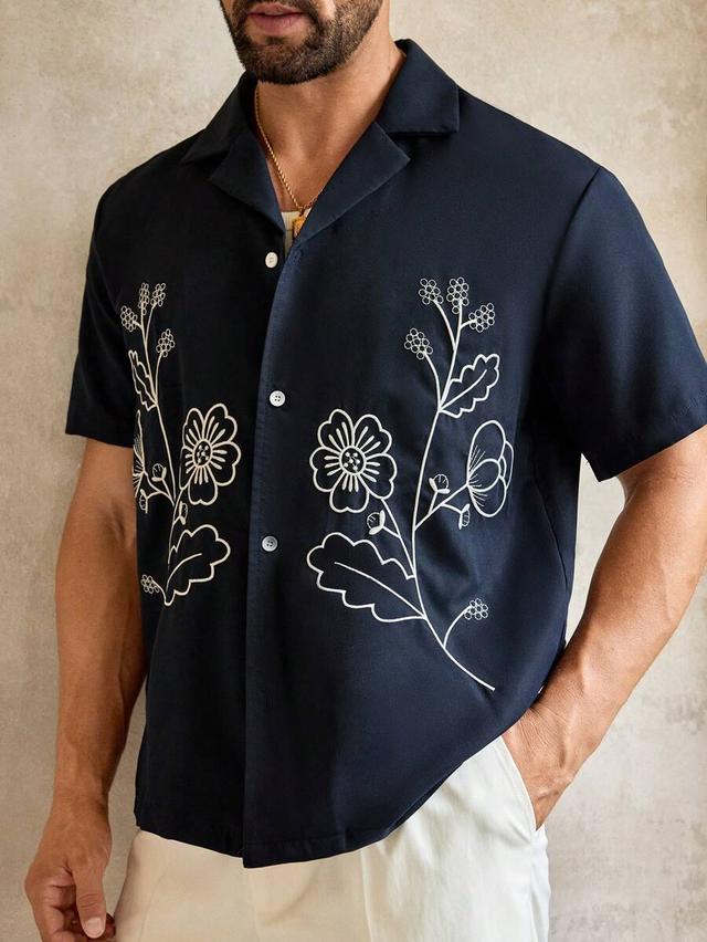 navy blue line art floral embroidered cuban collar shirt