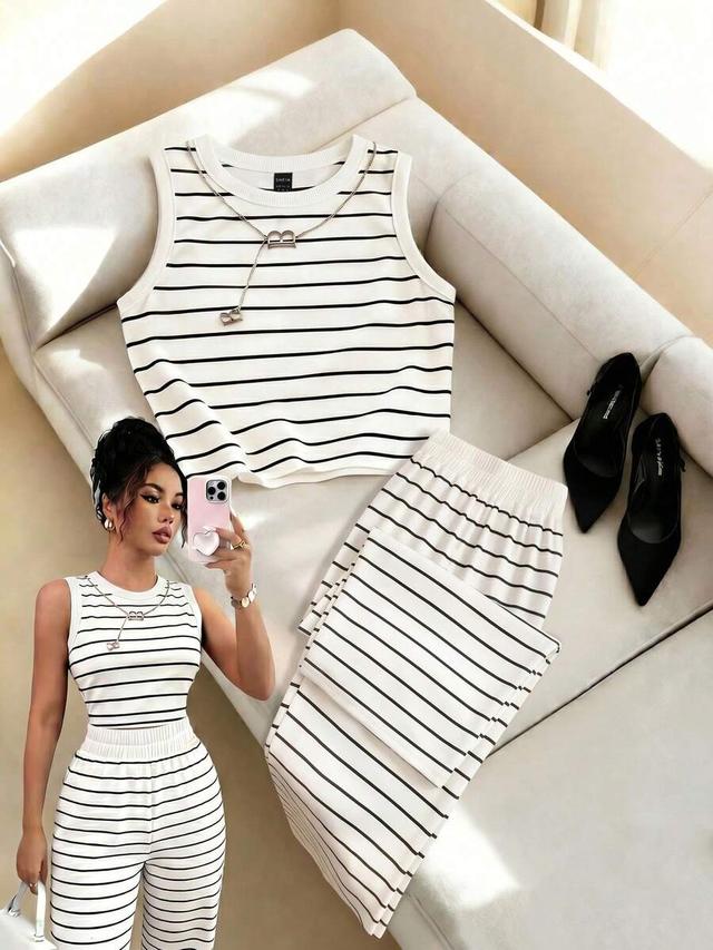 striped sleeveless vest and wide-leg pants casual set