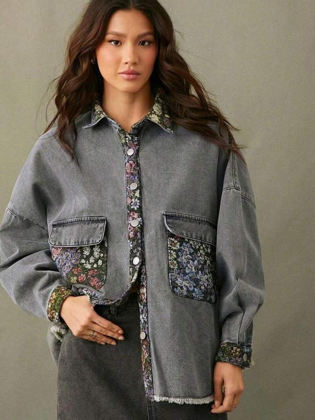 contrast vintage floral tapestry denim shirt jacket