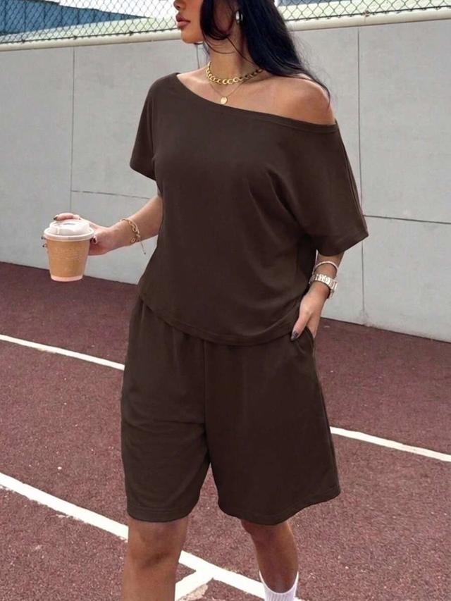 brown oblique shoulder short sleeve top and shorts set