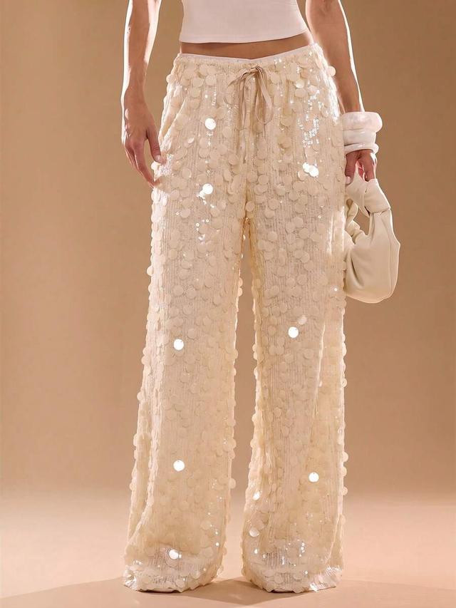 cream sequin embellished wide leg party trousers