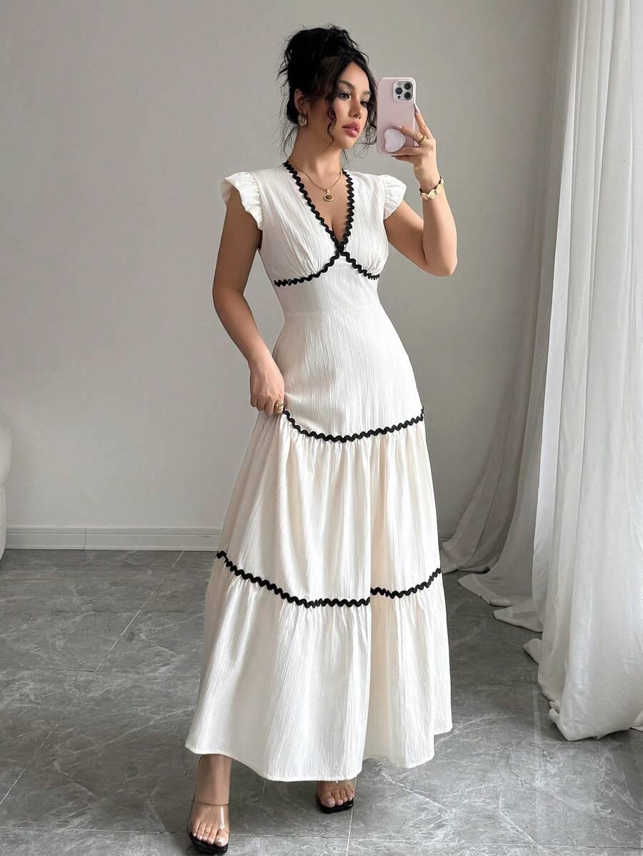 apricot v-neck ruffle trim contrast waist textured dress