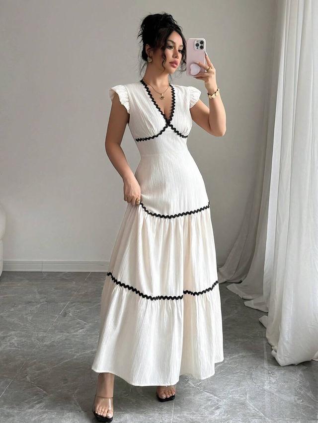 apricot v-neck ruffle trim contrast waist textured dress