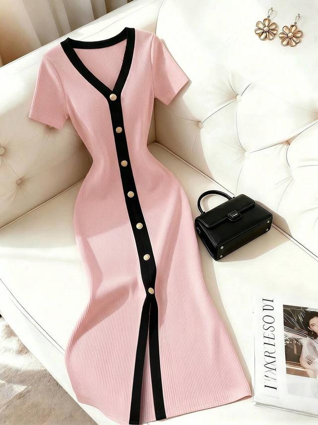 pink ribbed knit short sleeve button front dress