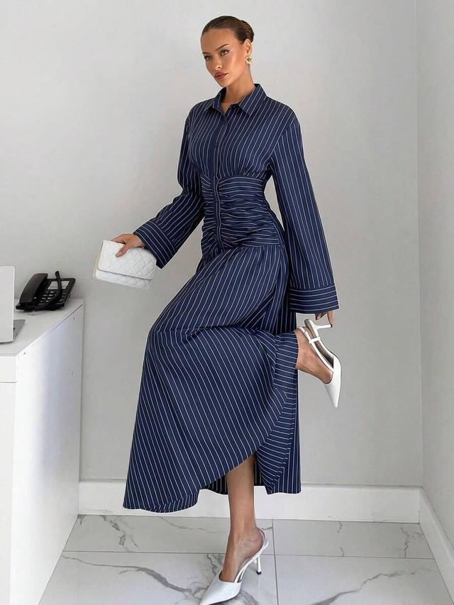 navy blue white striped pleated waist long dress