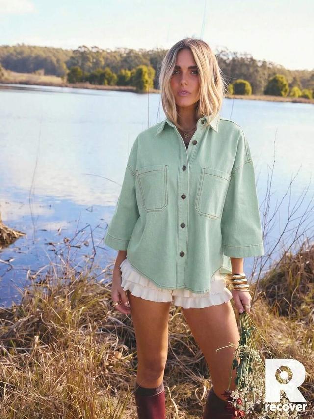 mint green cotton twill relaxed button-up shirt