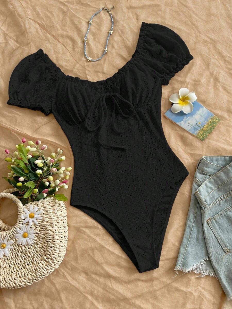 black eyelet knit petal sleeve ruffle hem bodysuit