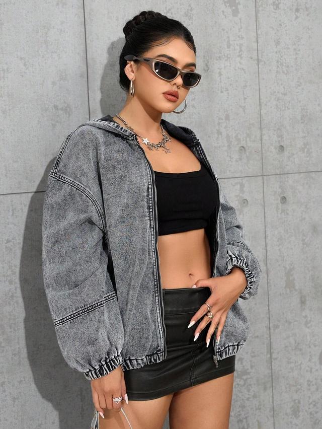 acid wash denim hooded bomber jacket