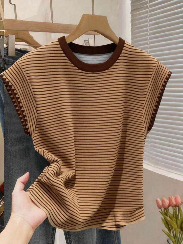 brown striped knit cap sleeve t-shirt