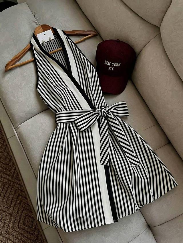black and white striped wrap dress with waist tie