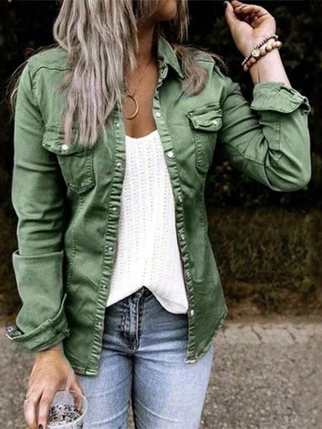 olive green long sleeve double-breasted denim shirt