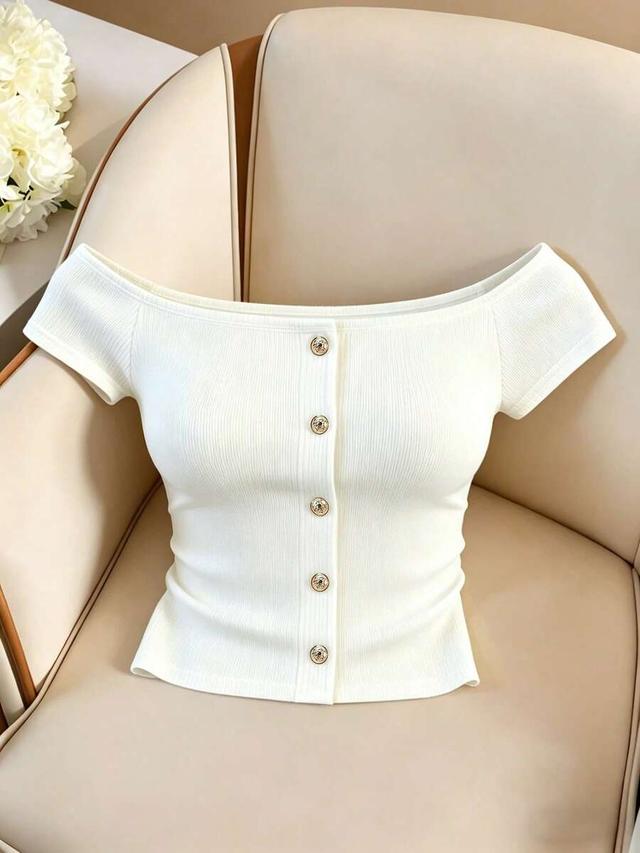 white ribbed off-shoulder faux placket button top