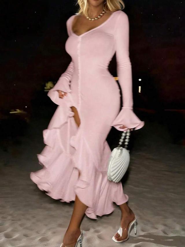 light pink long sleeve ruffle hem fitted dress