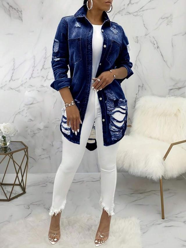 women non-stretch denim shacket jacket with frayed rips