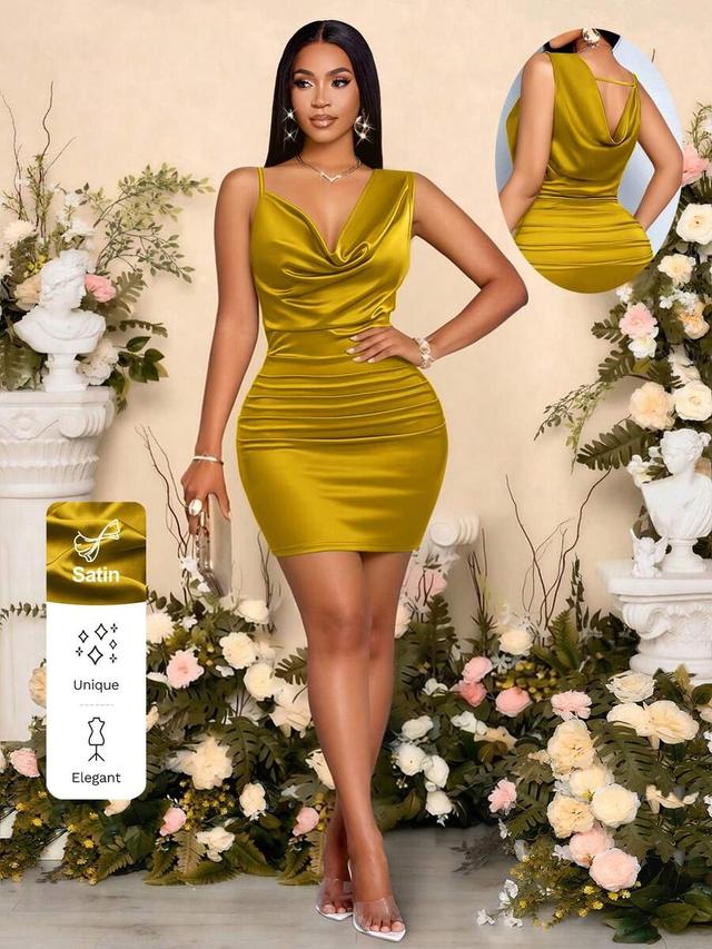 elegant solid-color pleated satin backless party dress