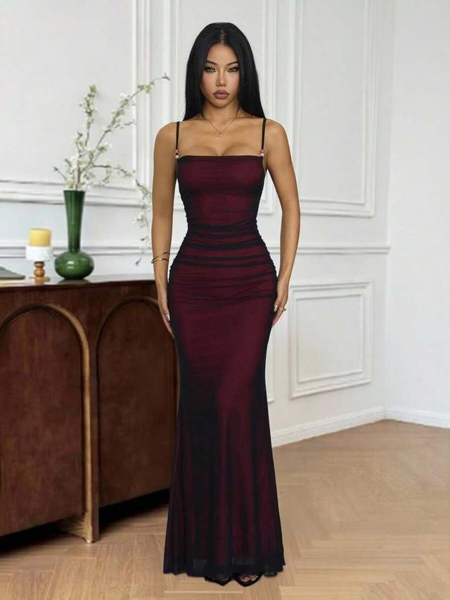 burgundy and black ruched fishtail maxi slip dress