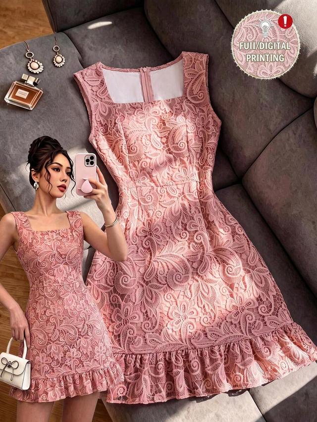 pink lace square neck sleeveless mini dress