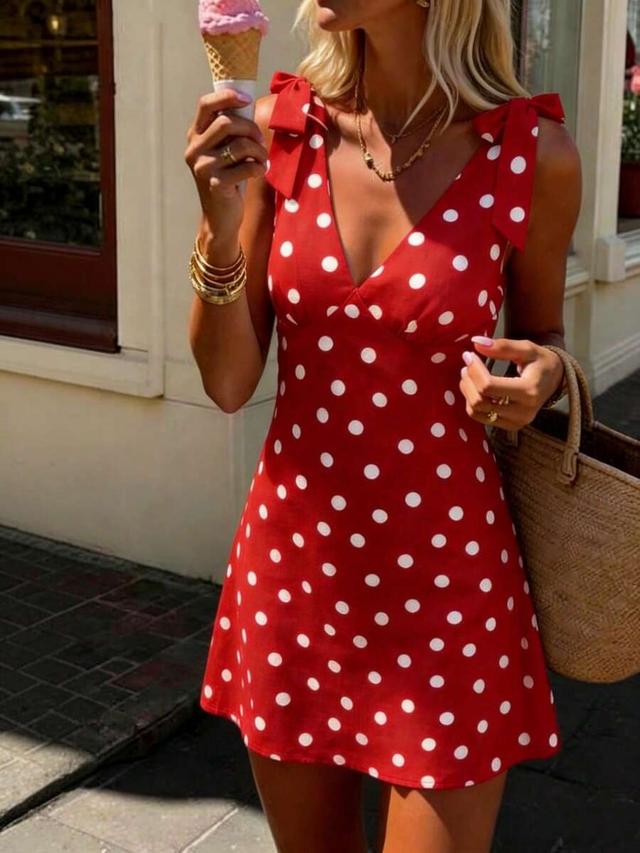 vintage brown polka dot v-neck bow strap mini dress