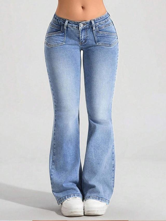 light wash denim flare jeans with pocket detailing