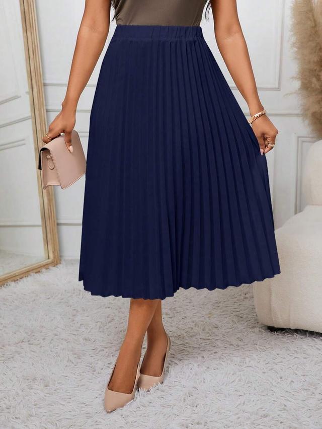 navy blue pleated a-line midi skirt