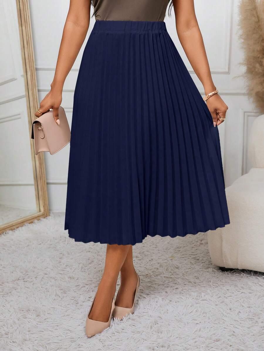 navy blue pleated a-line midi skirt
