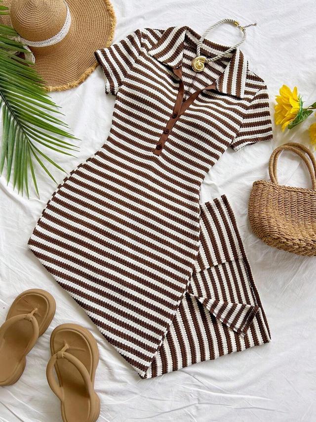 brown and white striped knit polo dress
