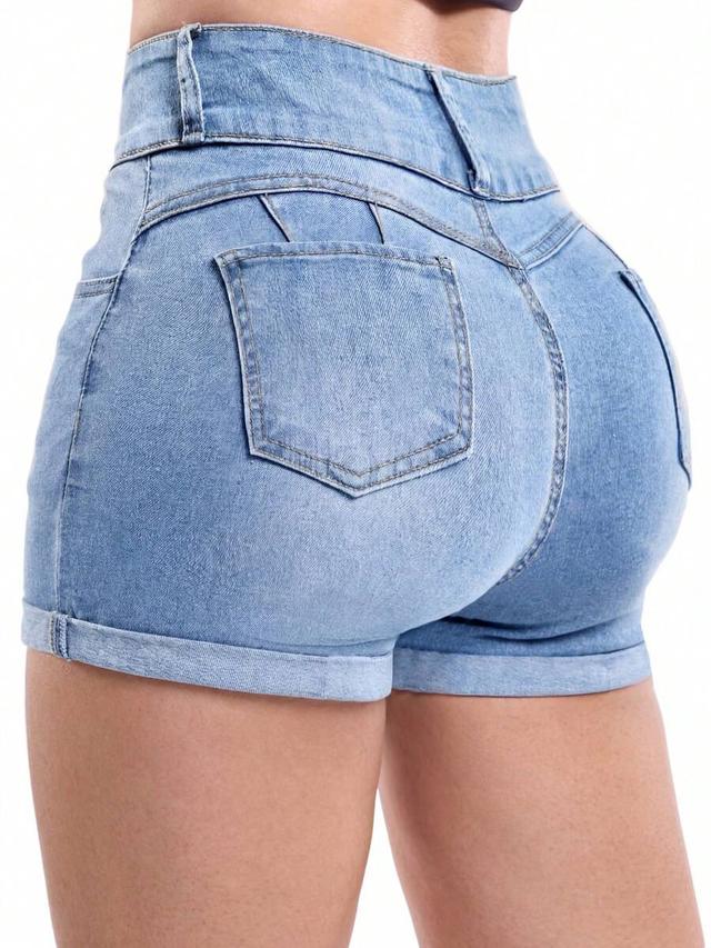 high waisted light wash denim shorts with cuffs