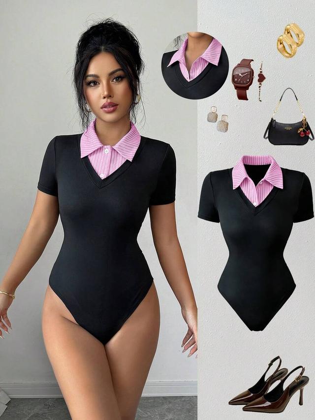 black short sleeve bodysuit with pink striped collar