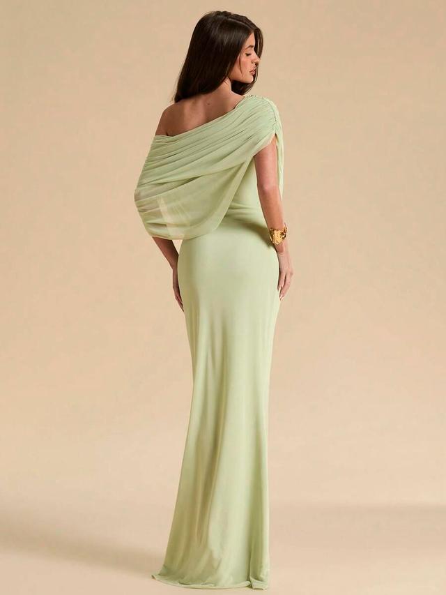 pale green draped one-shoulder chiffon evening dress