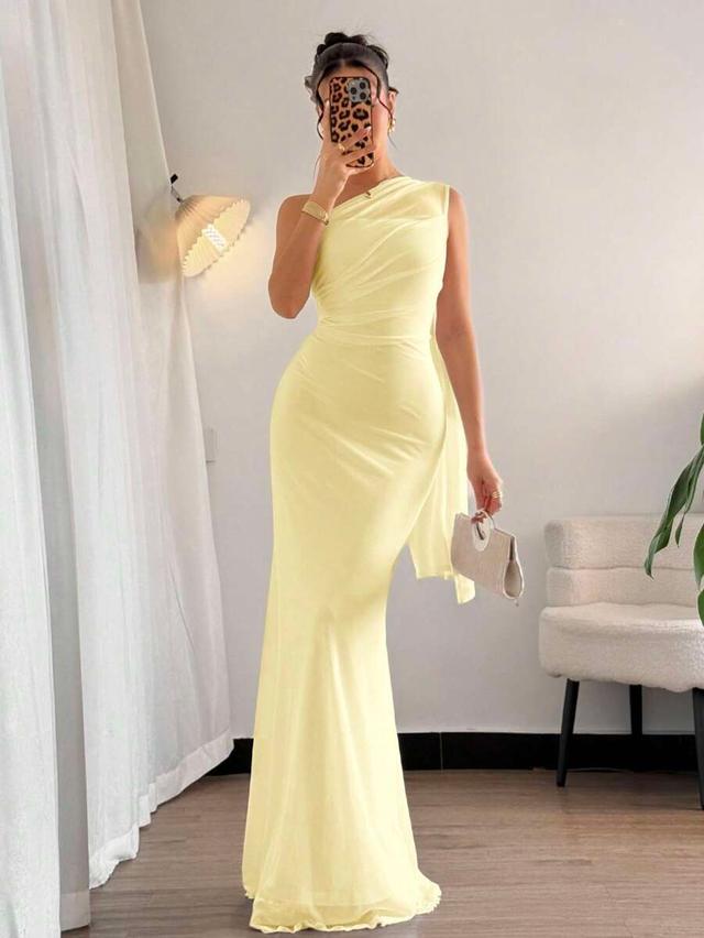 pale yellow asymmetrical neck bodycon maxi dress