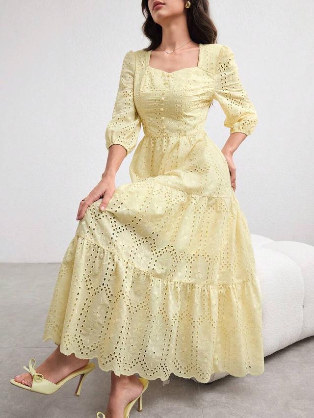 modelyn elegant long yellow floral embroidered puff sleeve dress