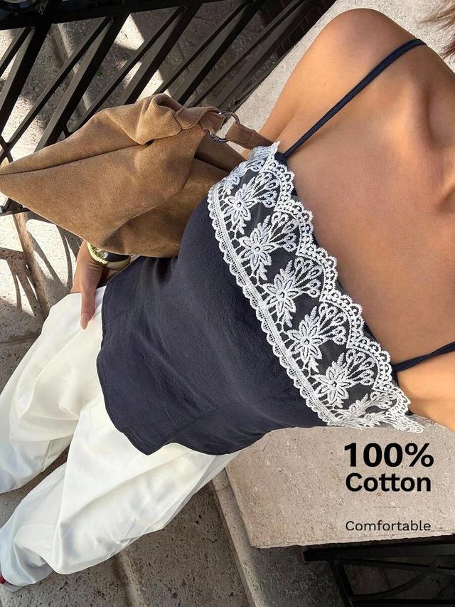 navy blue cotton camisole with white lace trim