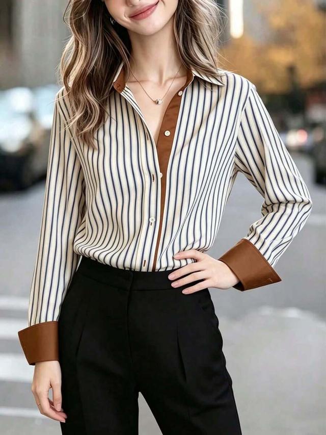 striped long sleeve shirt with contrast brown trim