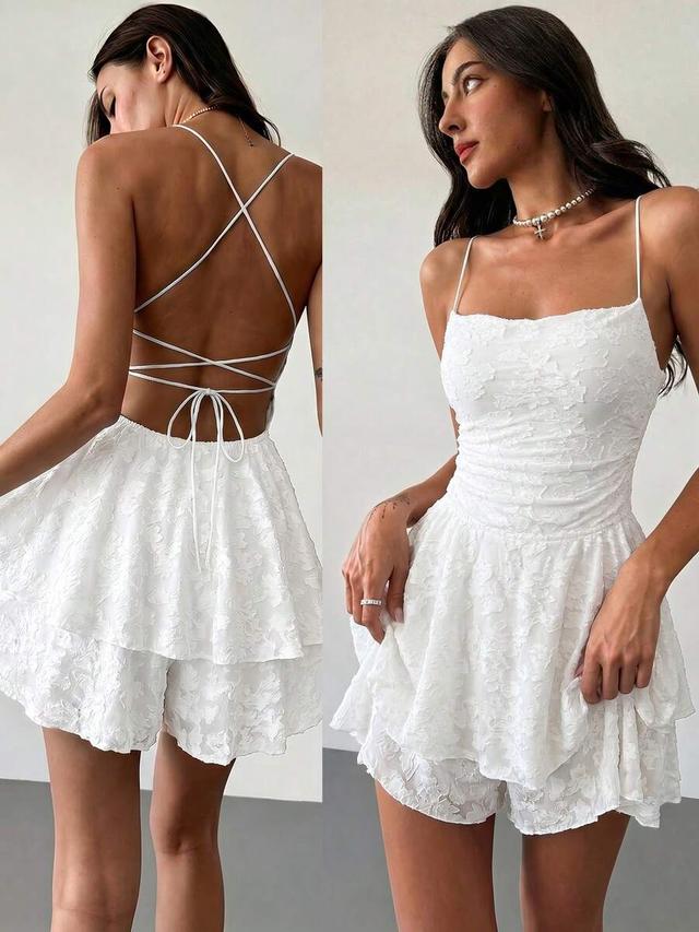white textured floral camisole playsuit