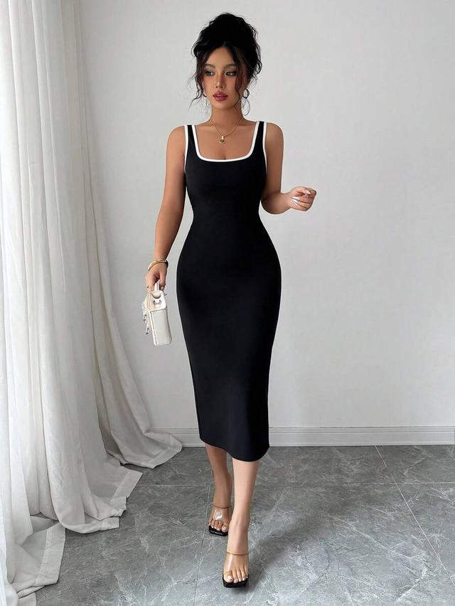 black sleeveless bodycon dress with contrast white trim