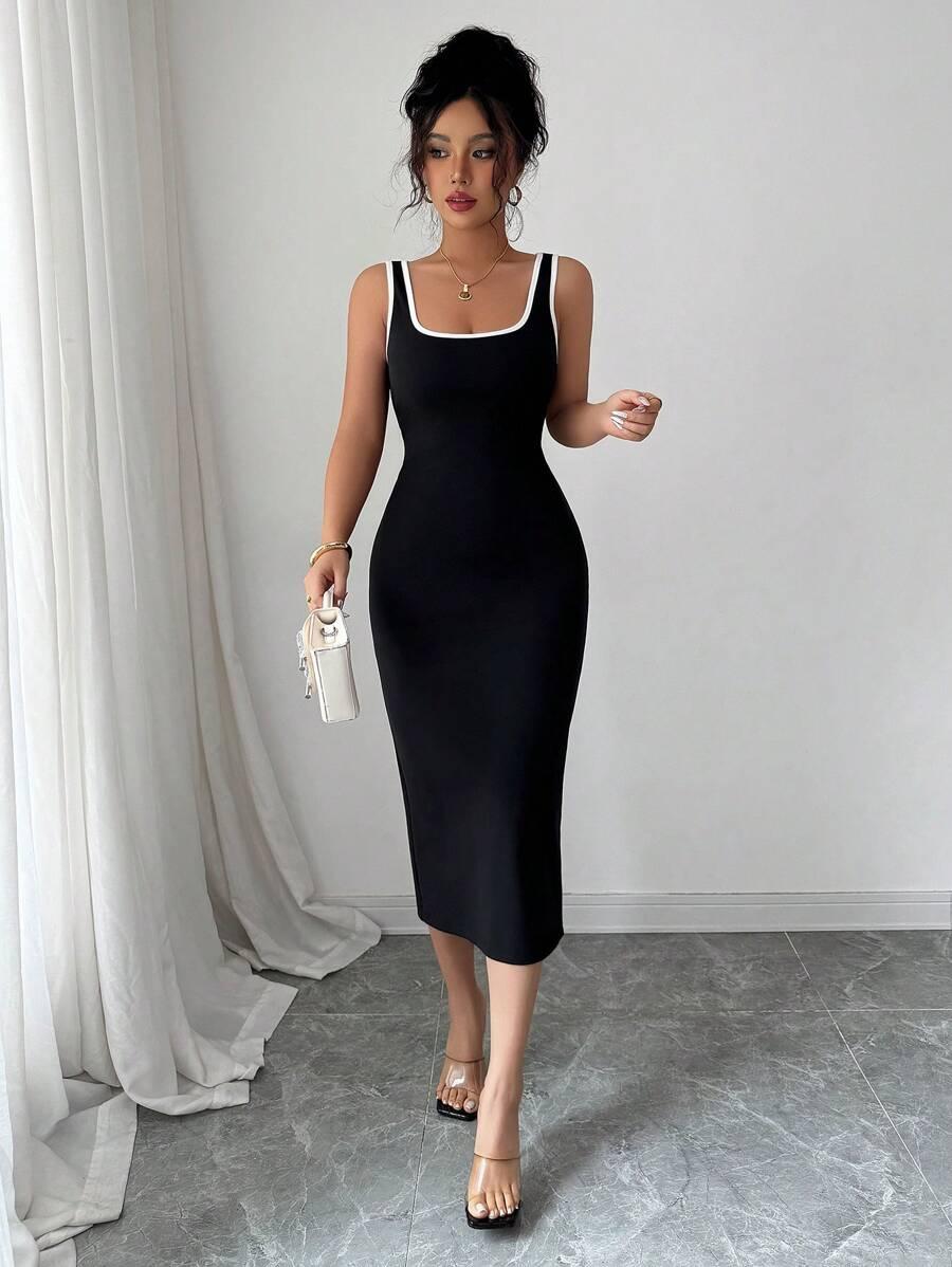 black sleeveless bodycon dress with contrast white trim
