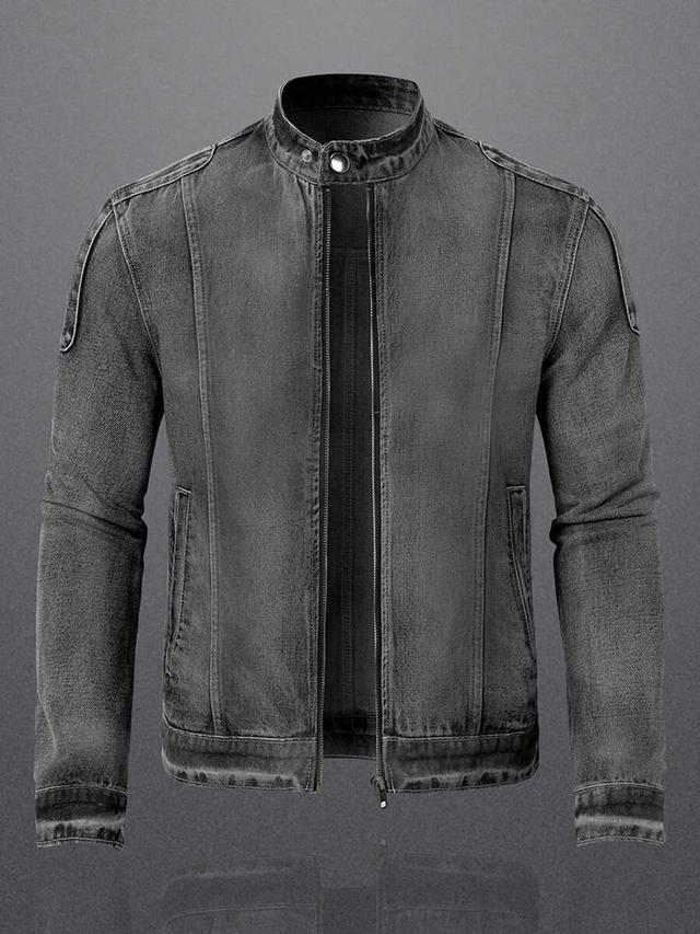 grey washed denim stand collar zip up jacket