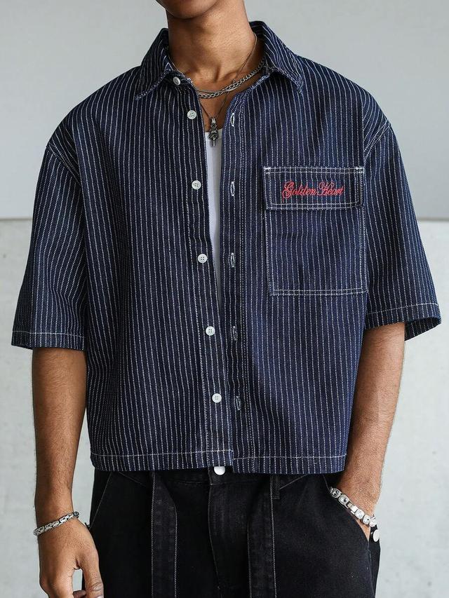 striped embroidered blue denim short sleeve shirt