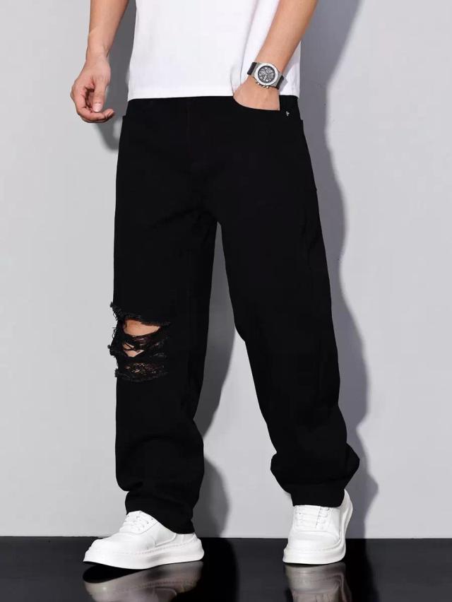 black distressed baggy straight leg denim jeans