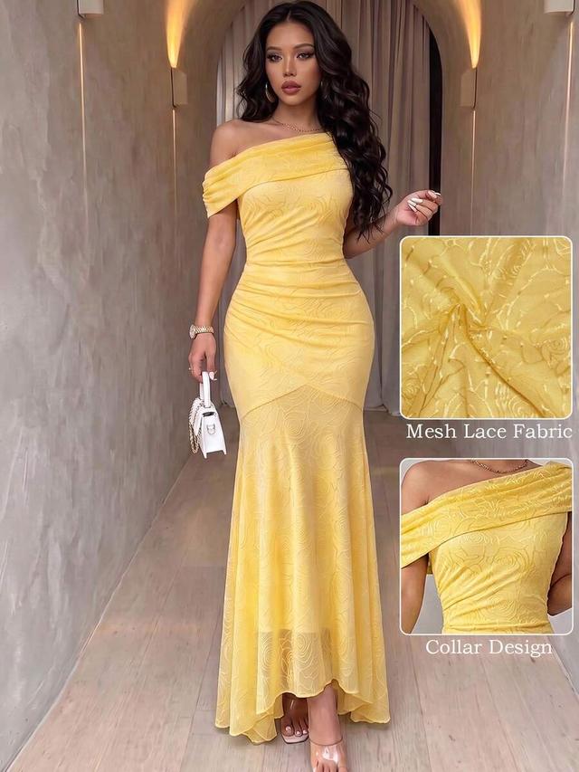 yellow rose lace jacquard one-shoulder mermaid dress