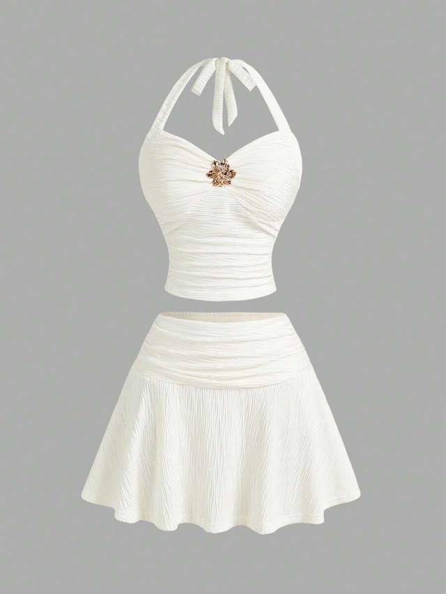 off-white textured knit tie-neck two-piece set