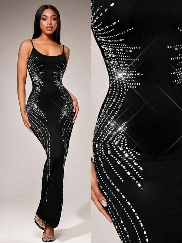 black rhinestone embellished spaghetti strap bodycon maxi dress