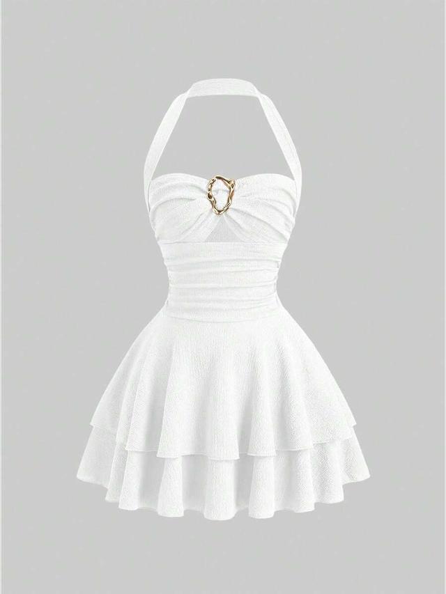 vintage style white halter neck tiered mini dress