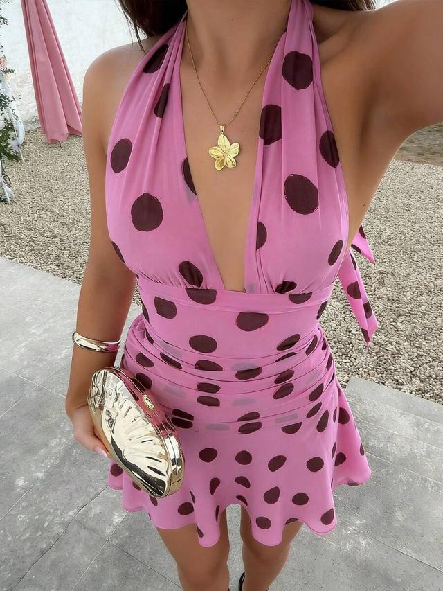pink polka dot deep v-neck halter mini dress