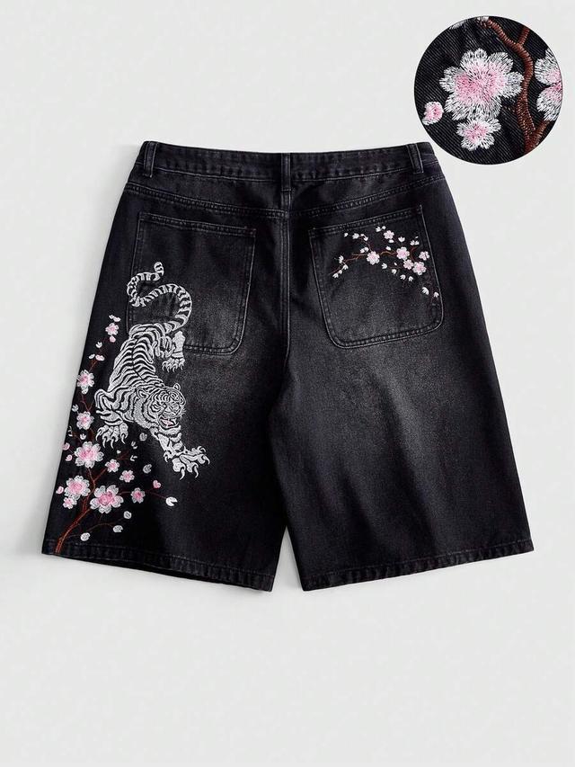 black denim loose fit shorts with tiger embroidery