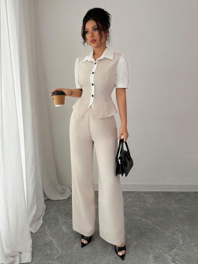 beige contrast button detail wide leg trousers