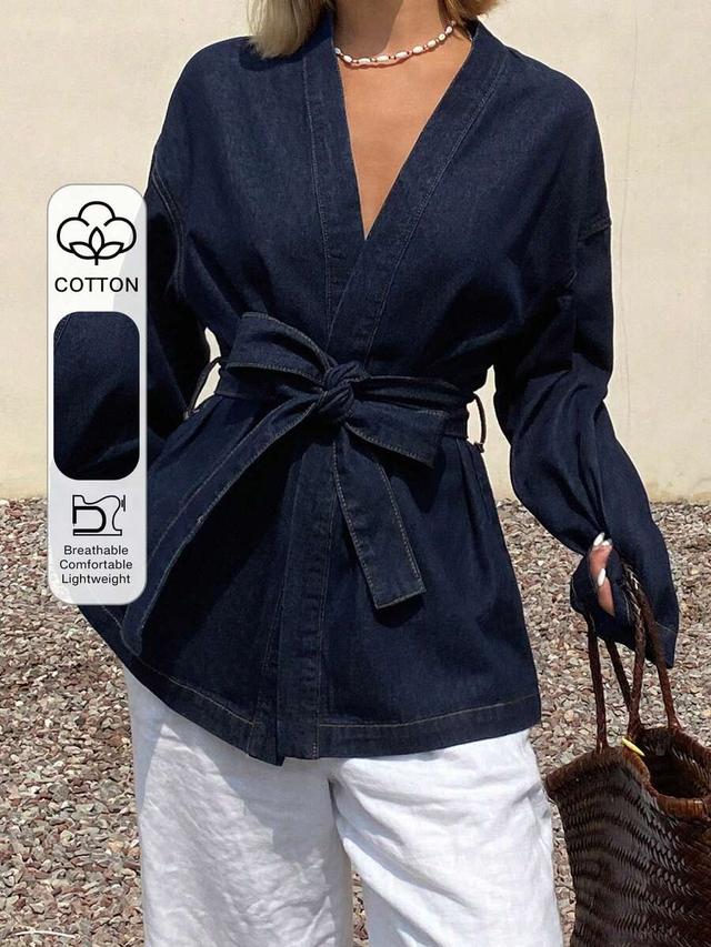 livesso women's blue cotton denim tie-front wrap top