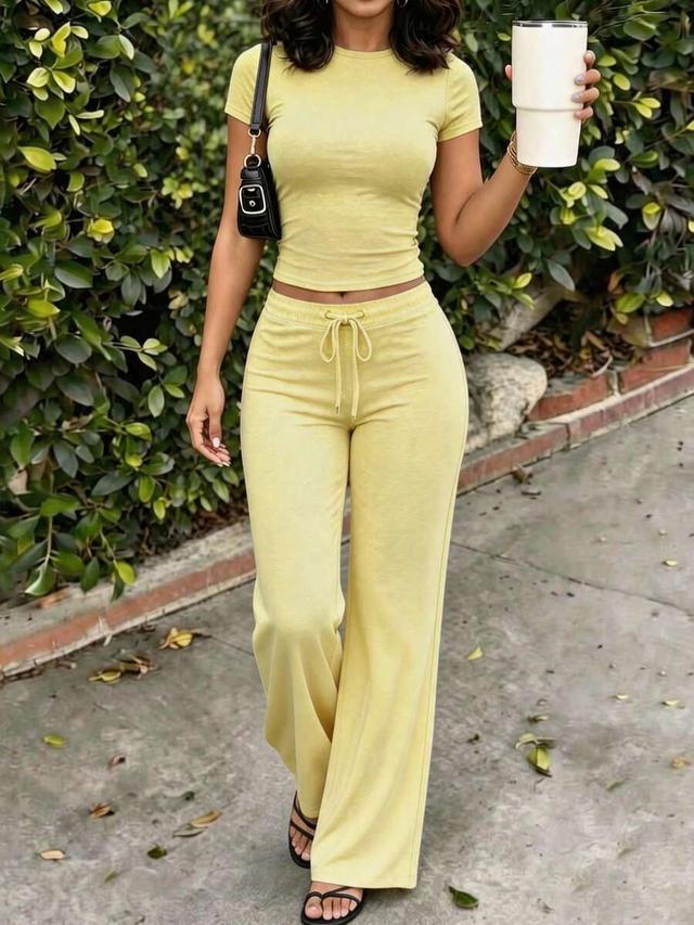 yellow casual crew neck t-shirt and straight leg pants