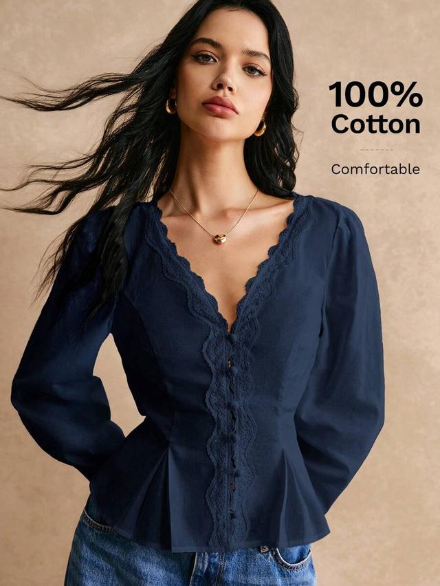 navy cotton lace trimmed button detail long sleeve shirt